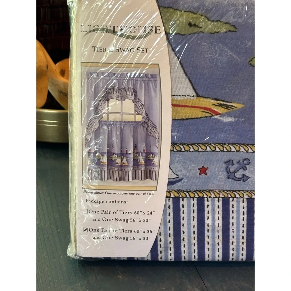 NEW AchimLighthouse Navy Blue Tier Swag Set Nautical  Curtains 36in Tier